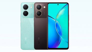 Three Vivo Y27s smartphones in different colors, showcasing the front and back sides with the display on, to highlight the design and camera module.