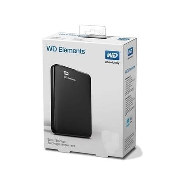Box packaging of WD Elements hard disk external case, predominantly black with white branding and product information.