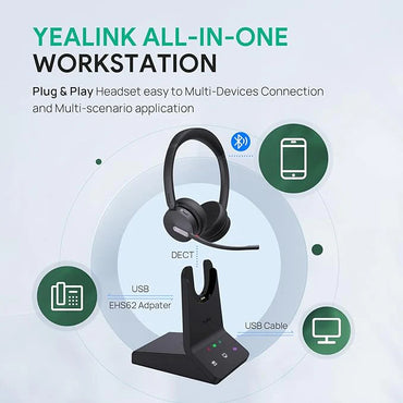 User wearing Yealink WH64 Hybrid Dual DECT Headset in office