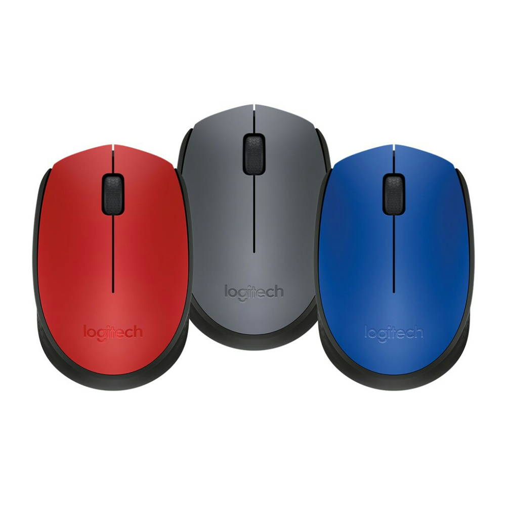 Three coloured Logitech M171 wireless mouse top view compact design, red, black, blue