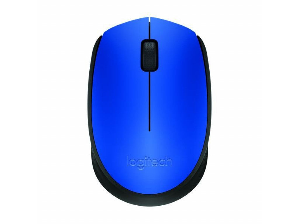 Blue Logitech M171 closeup of scroll wheel and optical sensor
