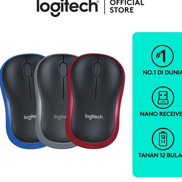 Three Logitech M185 Compact Wireless Mice in blue, gray, and red colors, displayed with the Logitech brand logo and product information.