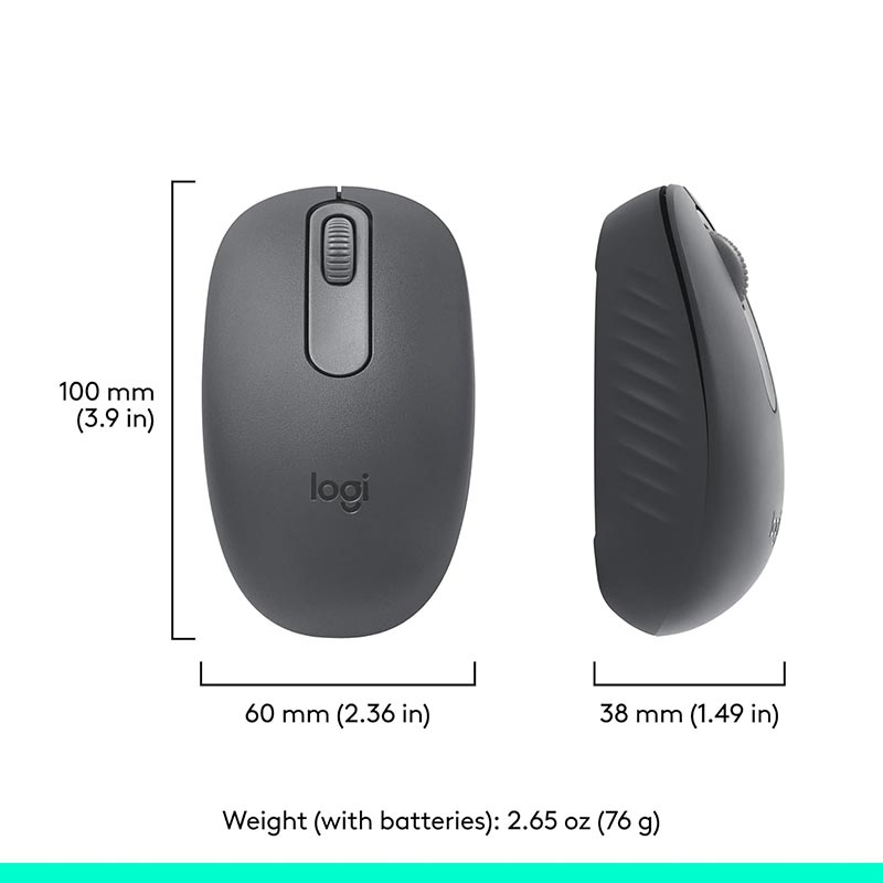 Logitech M196 Bluetooth Mouse showing ambidextrous shape with a weight of 76g