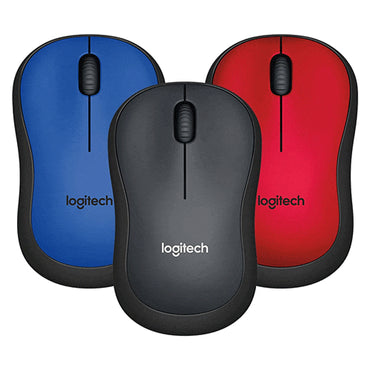 Three Logitech M221 Silent Wireless Mice in blue, black, and red colors, displayed side by side.