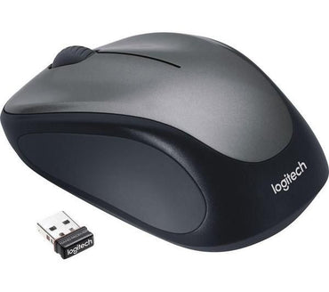 Logitech M235 Wireless Mouse in gray color with a USB unifying receiver.
