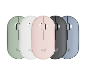 A collection of Logitech Pebble M350 wireless and Bluetooth mice in various colors including green, pink, gray, and blue.