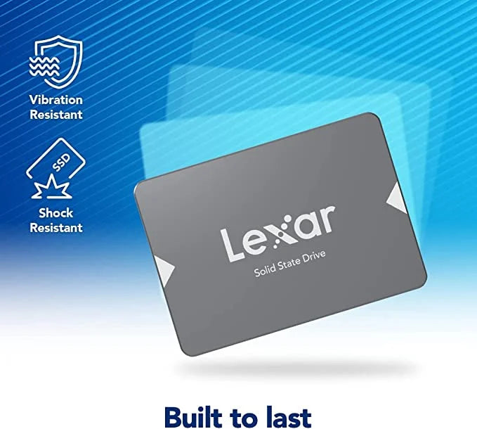 Lexar NS100 2.5" SATA III (6Gb/s) SSD solid state drive, showcasing its gray color with the Lexar logo, indicating shock and vibration resistance, and built to last features.
