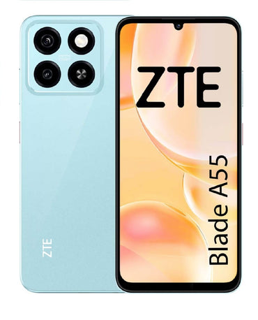 ZTE Blade A55 smartphone in blue color with a display on, showing the brand logo and the name of the model.