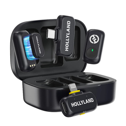 Hollyland Lark M2S Ultimate Combo wireless microphone set with ultra-compact transmitters, charging case, and universal receivers – available at Zentech Electronics Kenya.