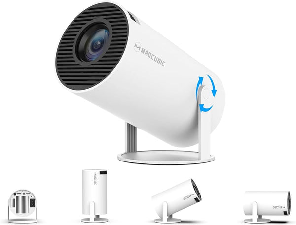 White Magcubic HY300 Pro smart projector on 180-degree swivel stand showing lens and rear ports