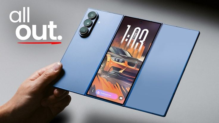 Samsung Fold Trio in tablet mode showing immersive display for productivity and entertainment.