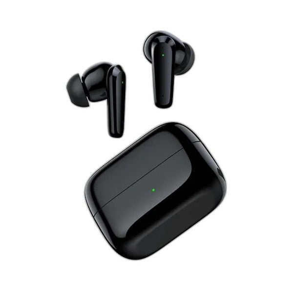 Front view of black Oraimo Rhyme ANC wireless earbuds and compact charging case