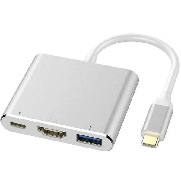 A silver 3 in 1 Type-C to 4K HD HDMI USB 3.0 Hub with a USB-C cable attached.