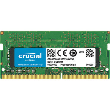 A green printed circuit board (PCB) which is a 4GB DDR4 RAM stick with a label that includes brand name and product details.