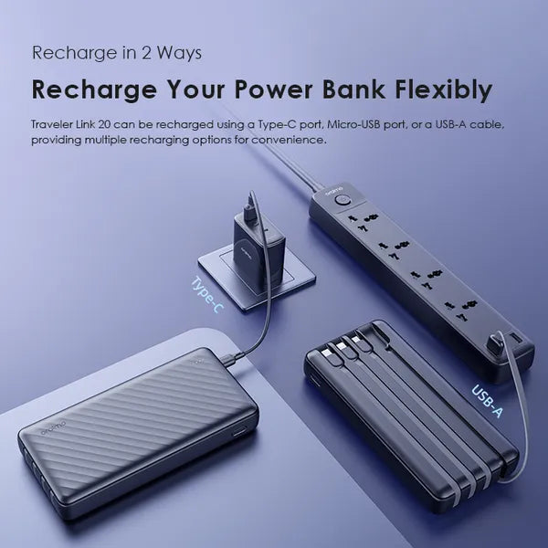 Oraimo Traveler Link 20 20000mAh 12W Power Bank – Reliable High-Capacity Portable Charger