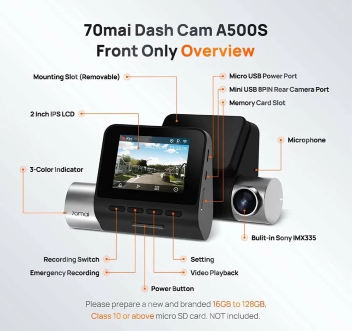 70Mai A500S-1 Dash Cam night vision recording on road
