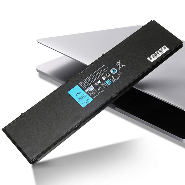 Dell Latitude E7440 47Wh 7.4V Type 34GKR laptop battery resting on a silver notebook chassis