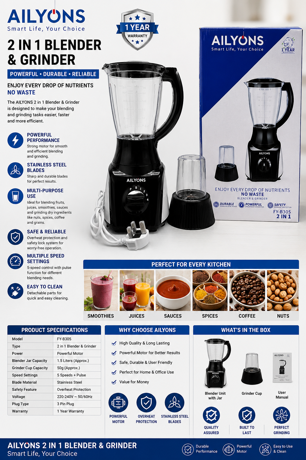 AILYONS FY-B305 2-in-1 blender and grinder Kenya