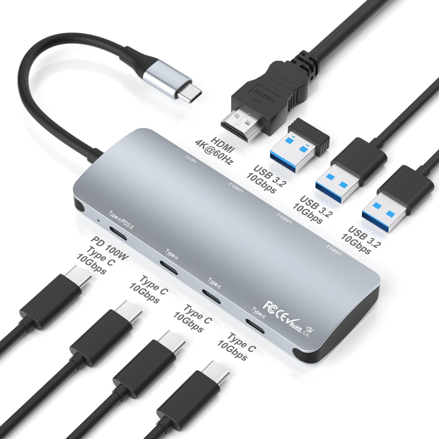 Slim USB-C docking hub with HDMI, USB, and SD ports