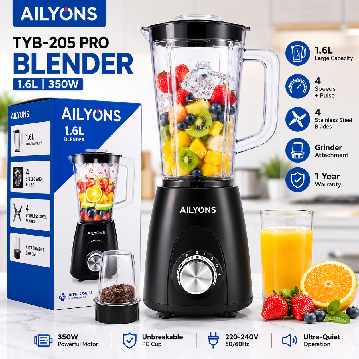Ailyons TYB-205 Pro Blender 1.6L 350W with Grinder Price in Kenya