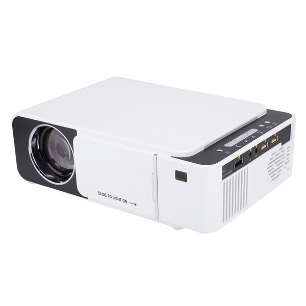 T6 Mini Projector portable LED home cinema projector showing lens and top control buttons