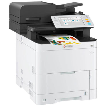 A Kyocera Ecosys MA4000cix Laser Printer, white in color with a color touchscreen display, printing colorful documents.