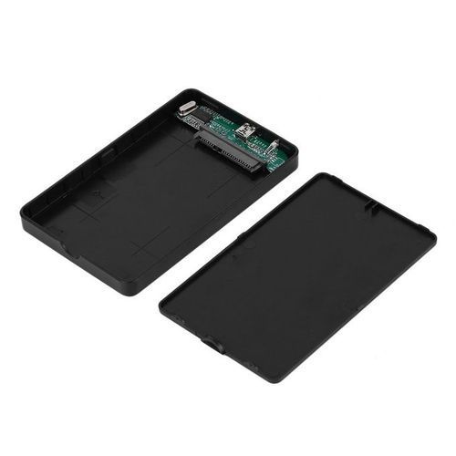 A black external hard drive enclosure, consisting of two separate parts, with visible circuitry inside the top part.