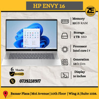 HP Envy 16 laptop displayed with its specifications: Intel Core i7, 32GB RAM, 2TB SSD, and an 8GB graphics card.