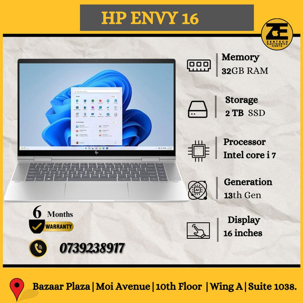 HP Envy 16 laptop displayed with its specifications: Intel Core i7, 32GB RAM, 2TB SSD, and an 8GB graphics card.