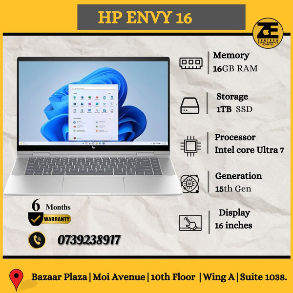 HP Envy 16 laptop displayed with its specifications such as memory, storage, processor, and display size.