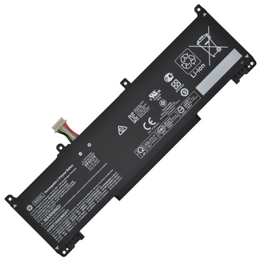 Side angle view of HP RH03XL replacement battery showing mounting screw brackets and slim profile