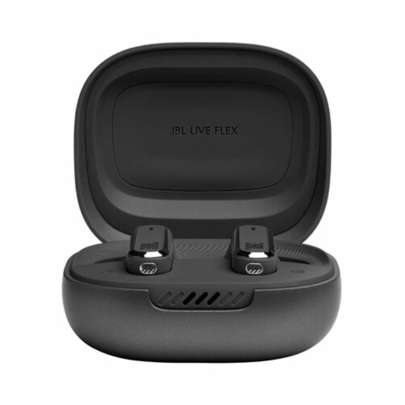 JBL Live Flex TWS earbuds in black color, with the charging case open and the earbuds inside.