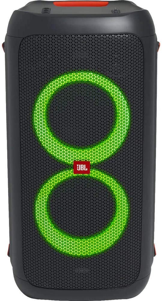JBL PartyBox 300 portable Bluetooth speaker showing dual woofers, tweeters, and circular RGB light show rings