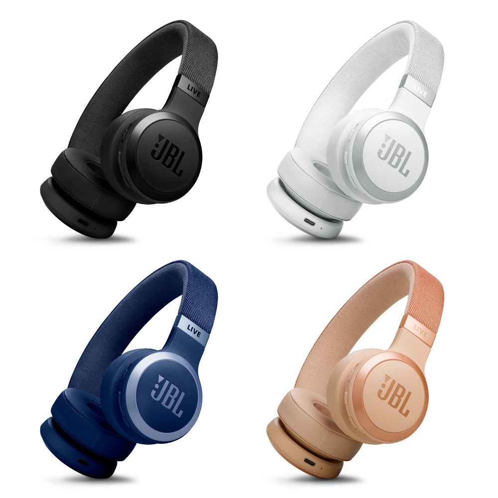 A collection of JBL LIVE 670NC over-ear headphones in various colors including black, white, blue, and rose gold.
