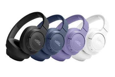 Four pairs of JBL headphones in black, blue, purple, and white on a white background.