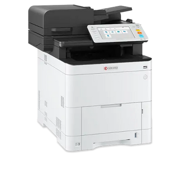 A Kyocera Ecosys MA4000cix Laser Printer, which is a high-performance color laser printer, showing its front view with a touchscreen display, paper tray, and output slot.