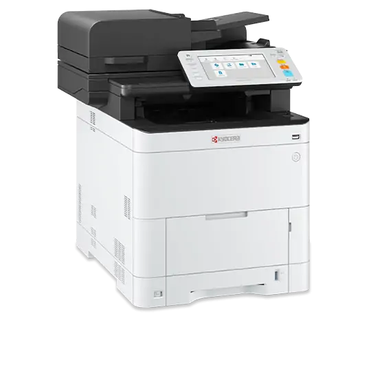 A Kyocera Ecosys MA4000cix Laser Printer, which is a high-performance color laser printer, showing its front view with a touchscreen display, paper tray, and output slot.