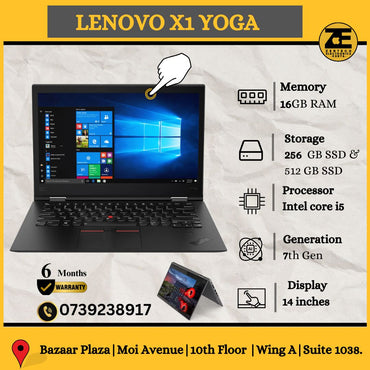 Lenovo X1 Yoga laptop displayed open on a surface showing the screen, keyboard, and part of the touchpad. The laptop appears to be black in color.