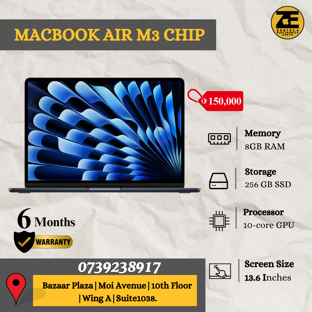 MacBook Air M3 Chip | 8GB RAM + 256GB SSD |13.6? Display-Price in Kenya.