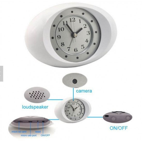 Close-up of IPC180 clock camera lens and USB port showing 1080P night vision for discreet surveillance in Nairobi offices