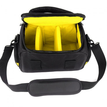 A black Nikon DSLR camera bag with yellow interior compartments and a shoulder strap. The bag is designed for various Nikon DSLR models.