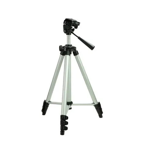A silver-colored tripod with adjustable legs and a rotating head, suitable for photography and videography.