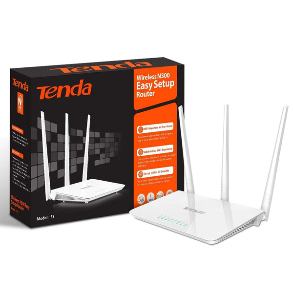 White Tenda F3 N300 wireless router with three upright high-gain external antennas