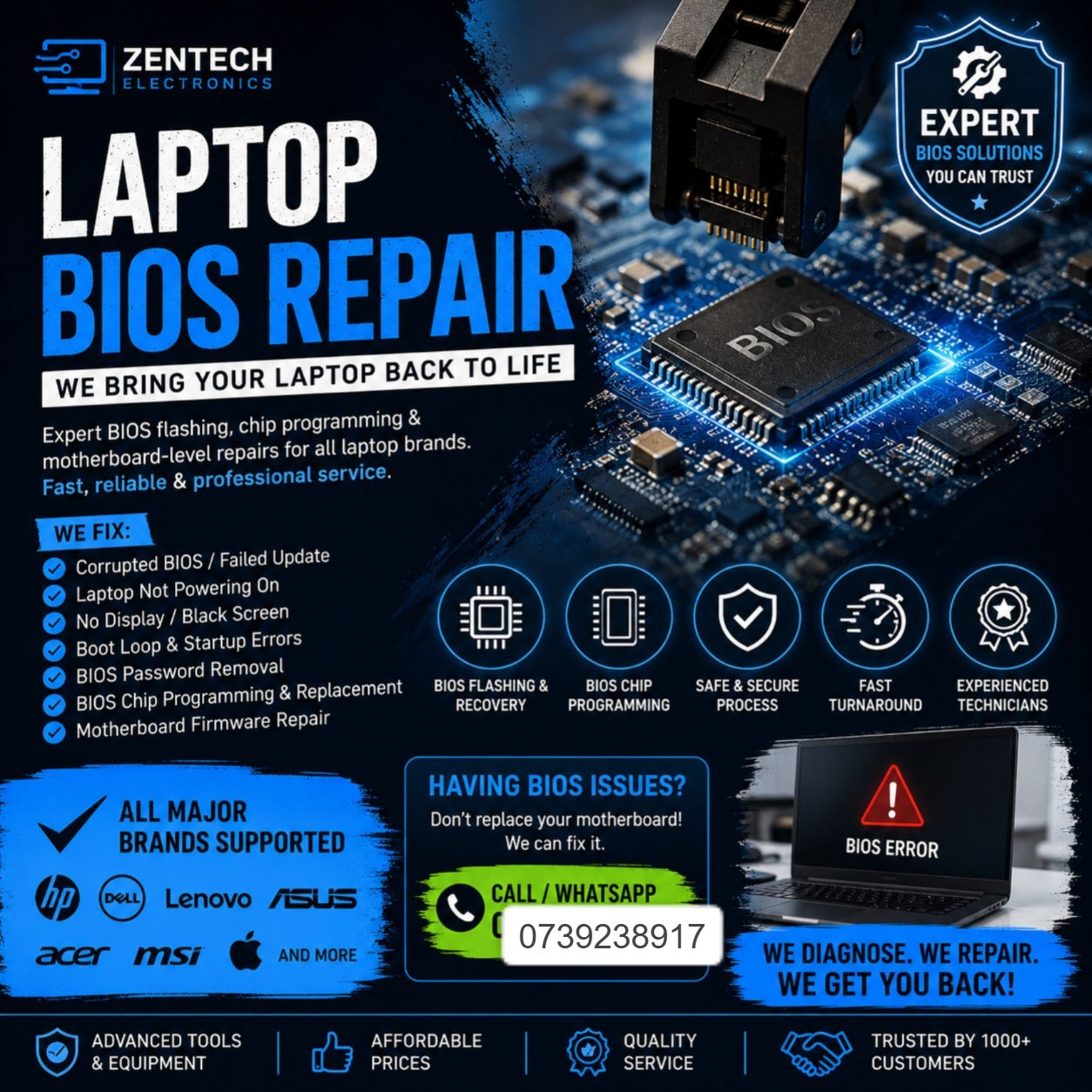 Laptop BIOS repair service in Kenya with professional BIOS chip programming and motherboard diagnostics