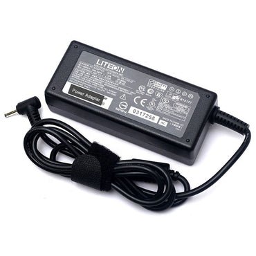 Compact Acer laptop charger plugged into wall socket