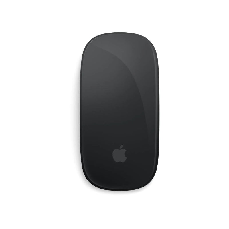 A black Apple Magic Mouse with multi-touch surface, visible Apple logo on the bottom, and no visible buttons on the side.