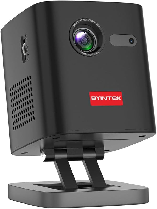Compact black cube Byintek P19 DLP mini projector with red logo mounted on folding stand
