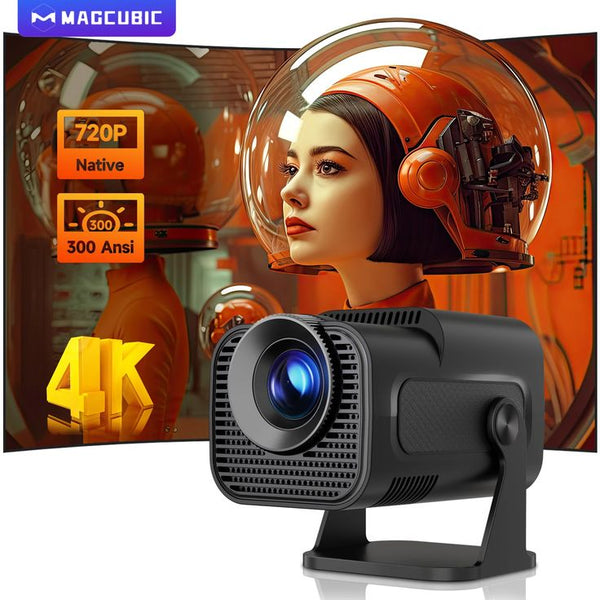 Black Magcubic HY320 mini projector on adjustable swivel stand displaying curved projection graphic