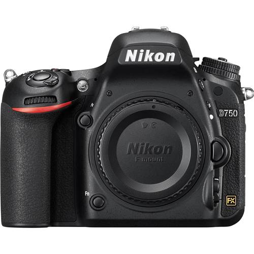 Black Nikon D750 full-frame DSLR camera body showing front lens mount, grip, and control dial