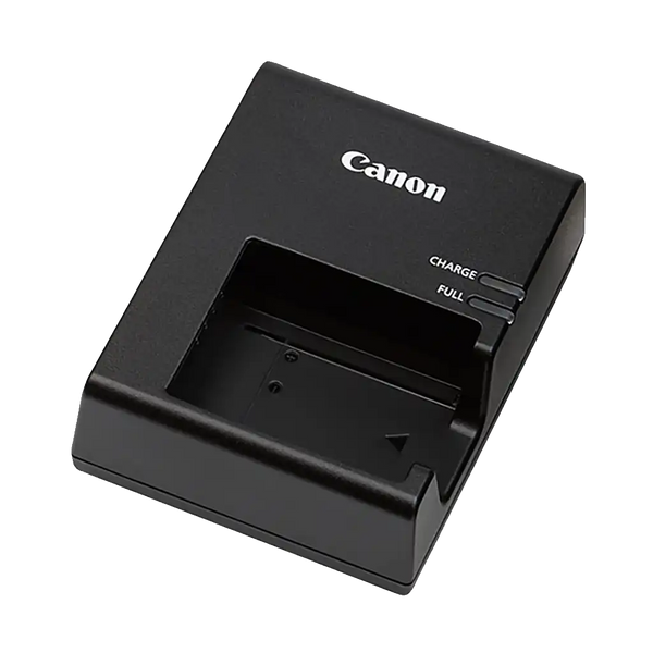 Black Canon LC-E10 battery charger with dedicated LP-E10 battery slot and LED charge indicator